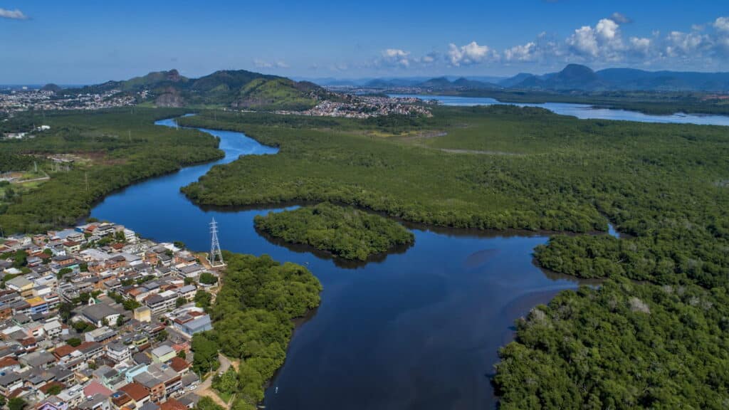 Vista aérea do manguezal de Vitória, mostrando a interação entre a natureza e a urbanização.