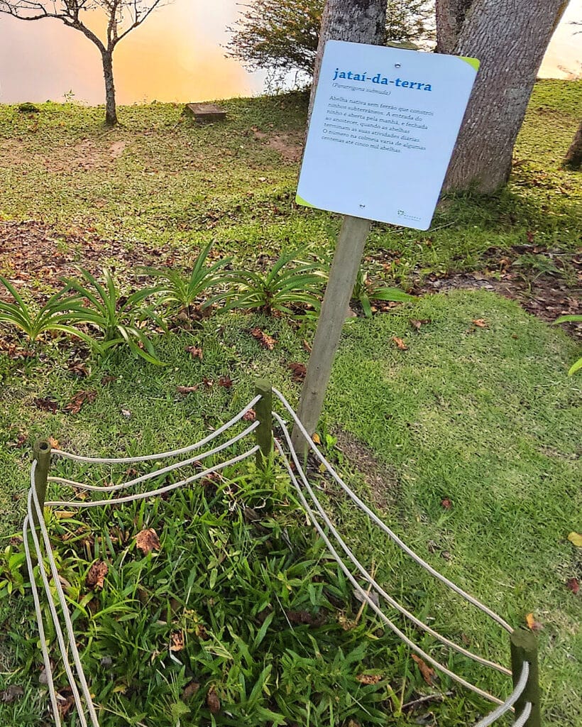 Fotografia da placa informativa na Reserva Águia Branca, que marca o local do ninho das abelhas jataí-da-terra, enfatizando a importância da educação ambiental.