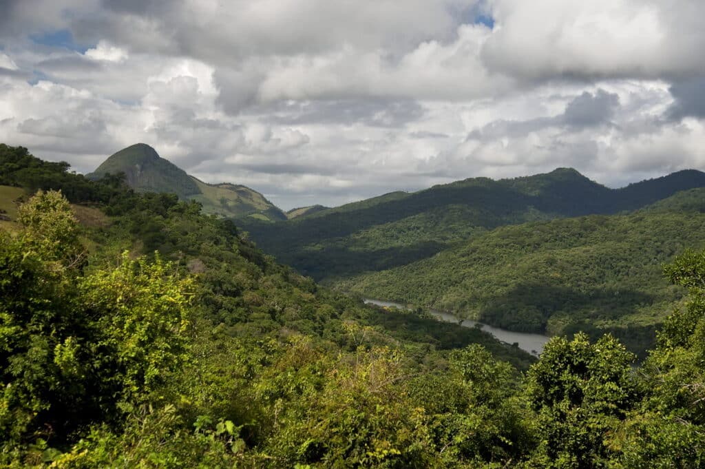Vista panorâmica da Reserva Biológica de Duas Bocas, mostrando a floresta e a represa.