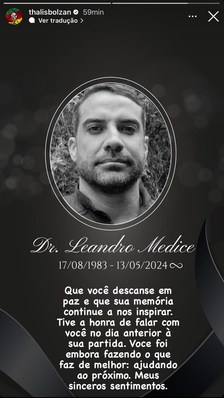 Capixaba marido de Leite faz homenagem a médico do ES morto no RS (Foto: Reprodução/Instagram)